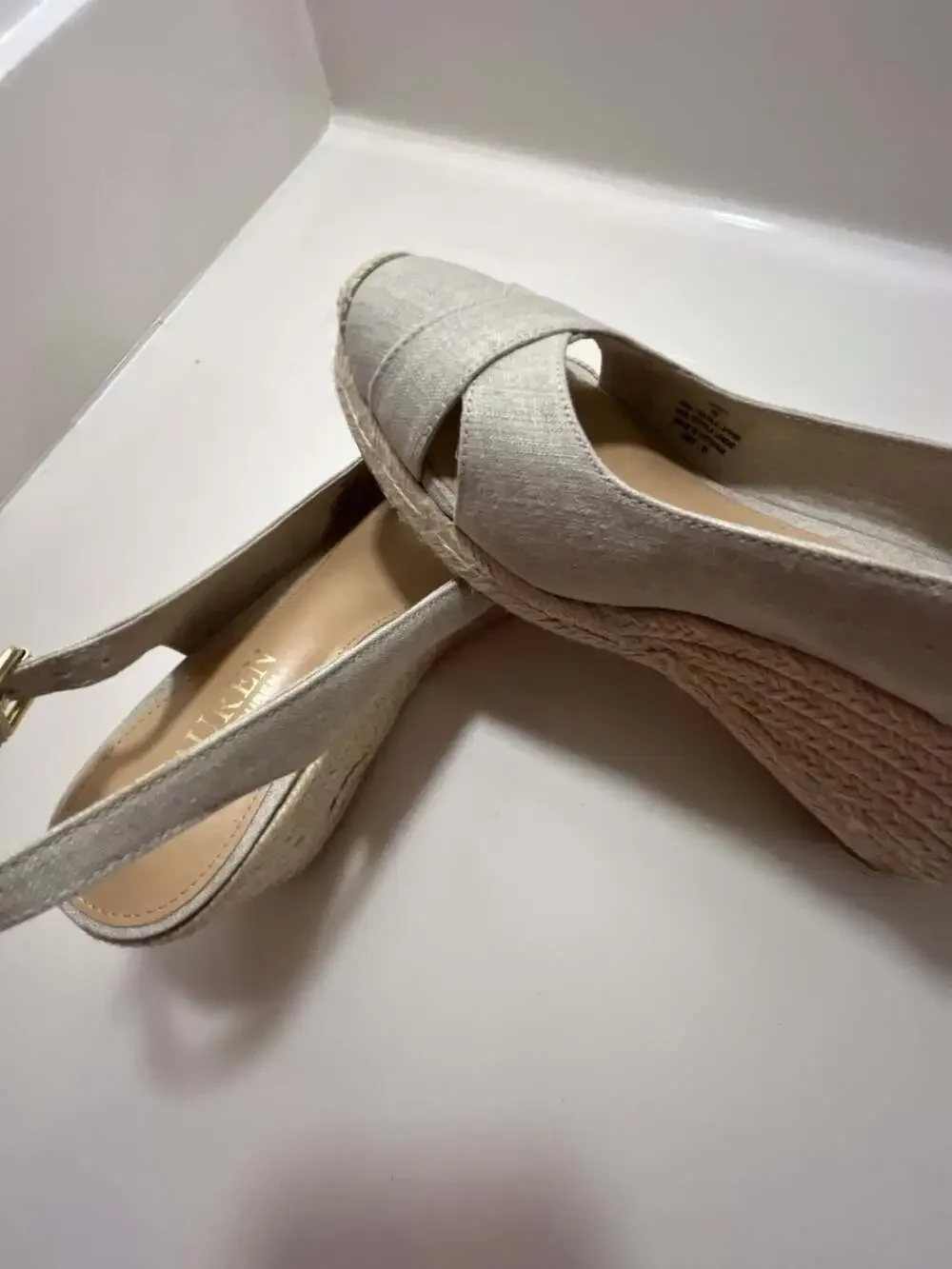 Lauren Ralph Lauren Beige Linen Slingback Wedge Espadrille Sandals
